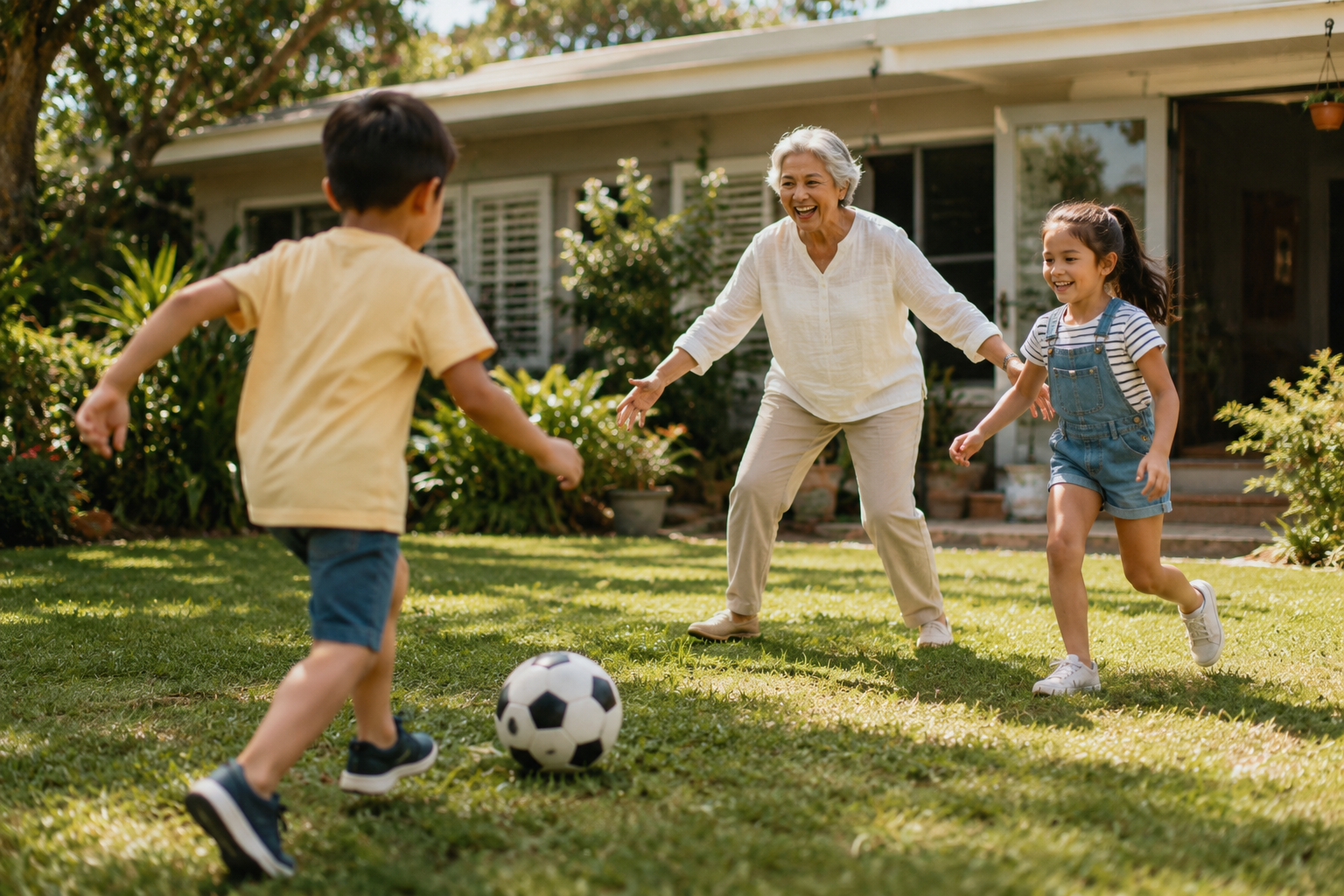 A grandmother playing in the backyard with her grandkids
